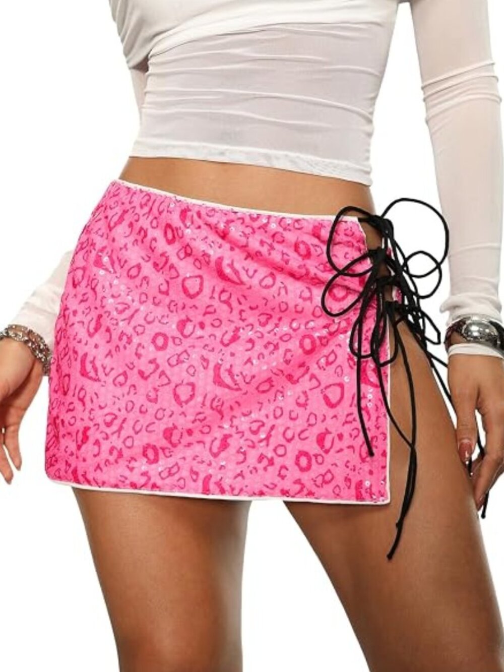 Pink Leopard Sparkly Sequin Mini Skirt